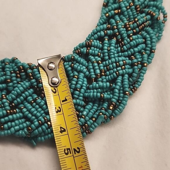 Turquoise Braided Seed Bead Collar Necklace 16x1.5 In. Euro Summer Resortwear - Picture 5 of 8